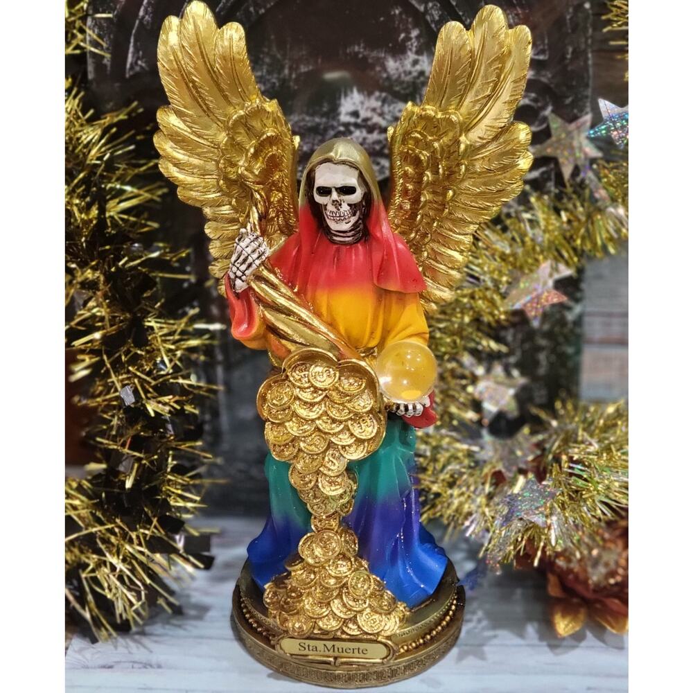 Rainbow Santa Muerte Statue On Money Stand With Horn Of Abundance 12 Inches